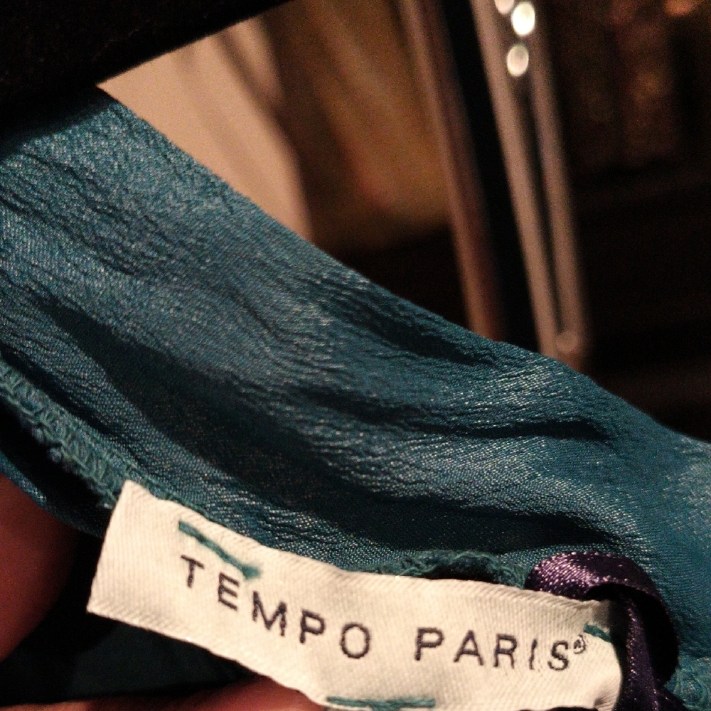 FINAL PRICE NWT Tempo Paris Teal Sheer V-neckline Short Cuffed Sleeve Blouse